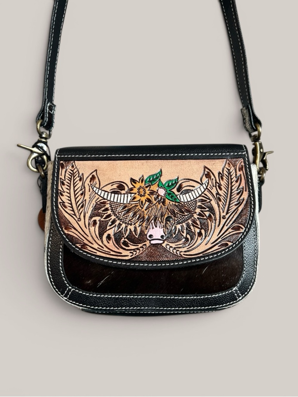 Myra Bag Tooled Leather Cowhide Crossbody Western Floral Purse Boho Cowgirl - Picture 3 of 11